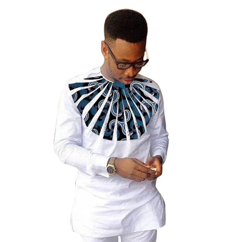 Nigerian Fashion White Men's Shirts O-Neck Modern Design Sector Patchwork Tops Customized African Wedding Party Wear