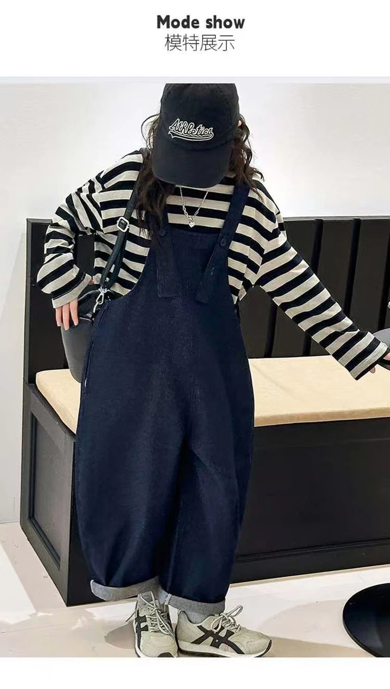 Girls 2 Piece Outfit Korean Style Kids Striped Long Sleeve T-shirt + Loose Denim Overalls Set Spring Autumn Children's Clothing