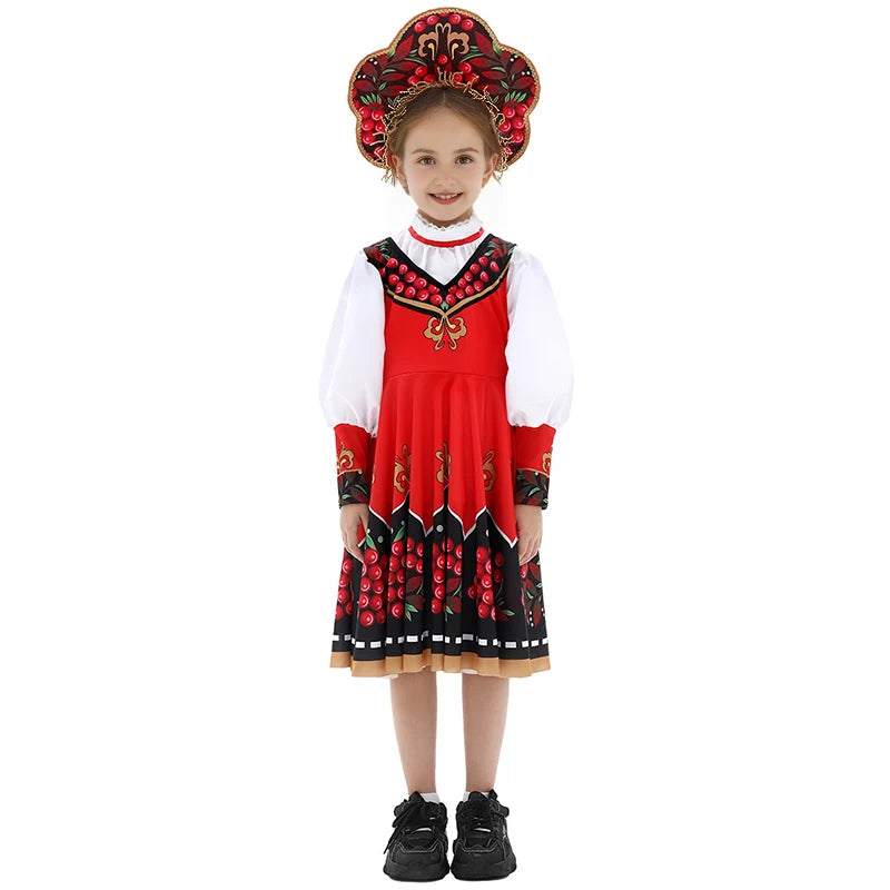 Russian Children Traditional Folk Dance Dress Girls Princess Clothing Tops dress Headwear Carnival Stage Performance Costume