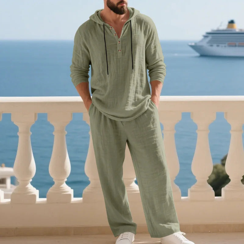 Men's Linen Hooded Sets 2 Piece Outfit Summer Casual Long Sleeve Hoodie and Wide Leg Pants Set for Men