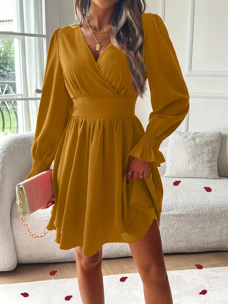 Summer New Dresses 2026 Woman Clothing V-Neck Lantern Sleeve Wrap Mini Dress Ruched Waisted Dress Elegant for Spring Party Dress