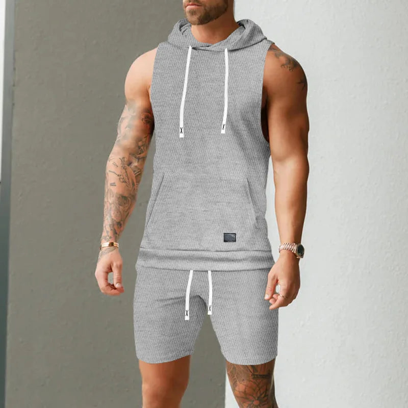 2026 Men's Casual 2 Piece Set Fashion Jacquard Knitted T-shirt Hooded Sleeveless Vest Elastic Waist Shorts Jogging Fitness Suit