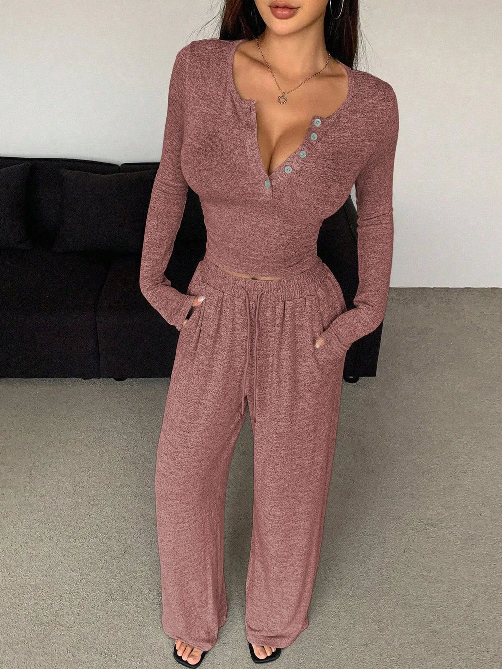 Women's Pajamas Sexy Tight-fitting Button V-neck Long-sleeved Drawstring Long Trousers Two-piece Set Casual Simple Homewear
