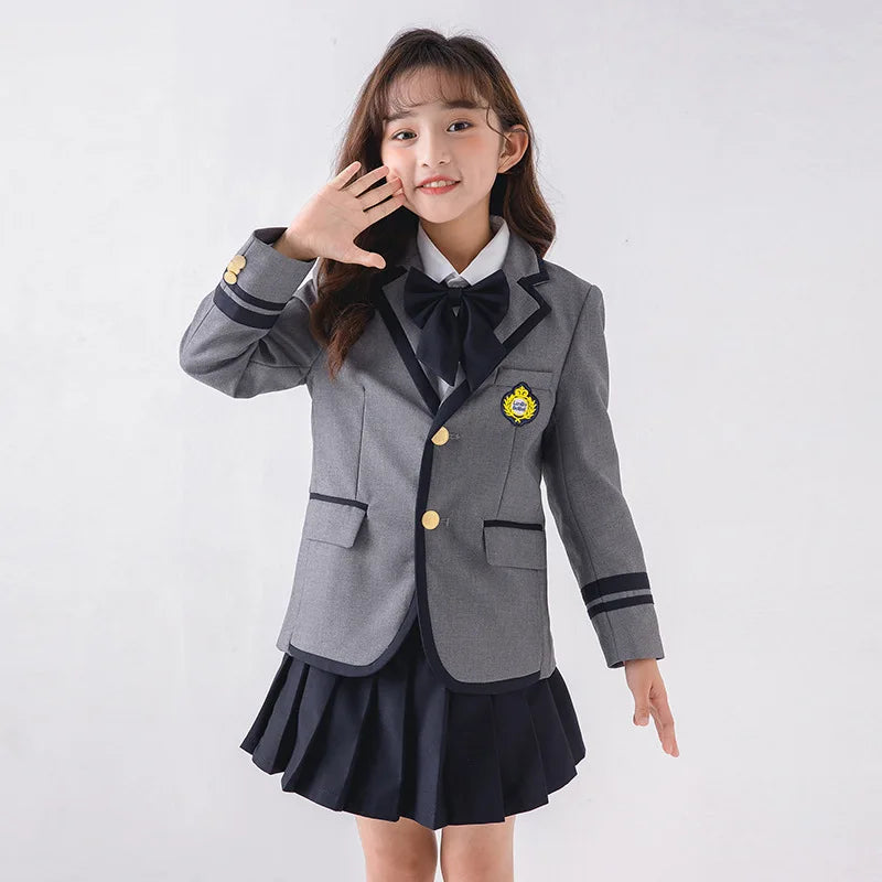 Child School Uniform Girls Korean Japanese Navy Jacket Pleated Skirt Boys Formal Dress Suits Kids Student Clothes Class Sets