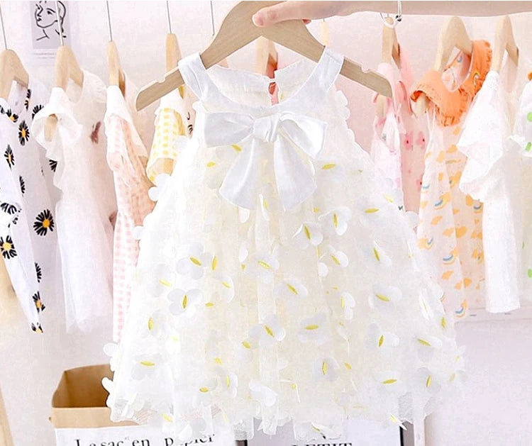 Summer Toddler Dresses Cute Flower Princess Dress Female Baby Butterfly Appliques Dress Children Mesh Bow Kids White Costume