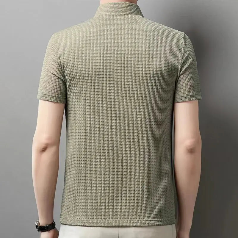 New Men's Business Casual Short Sleeved Bone Flower Solid Color POLO Shirt Fashion Breathable Comfortable Summer Versatile Top