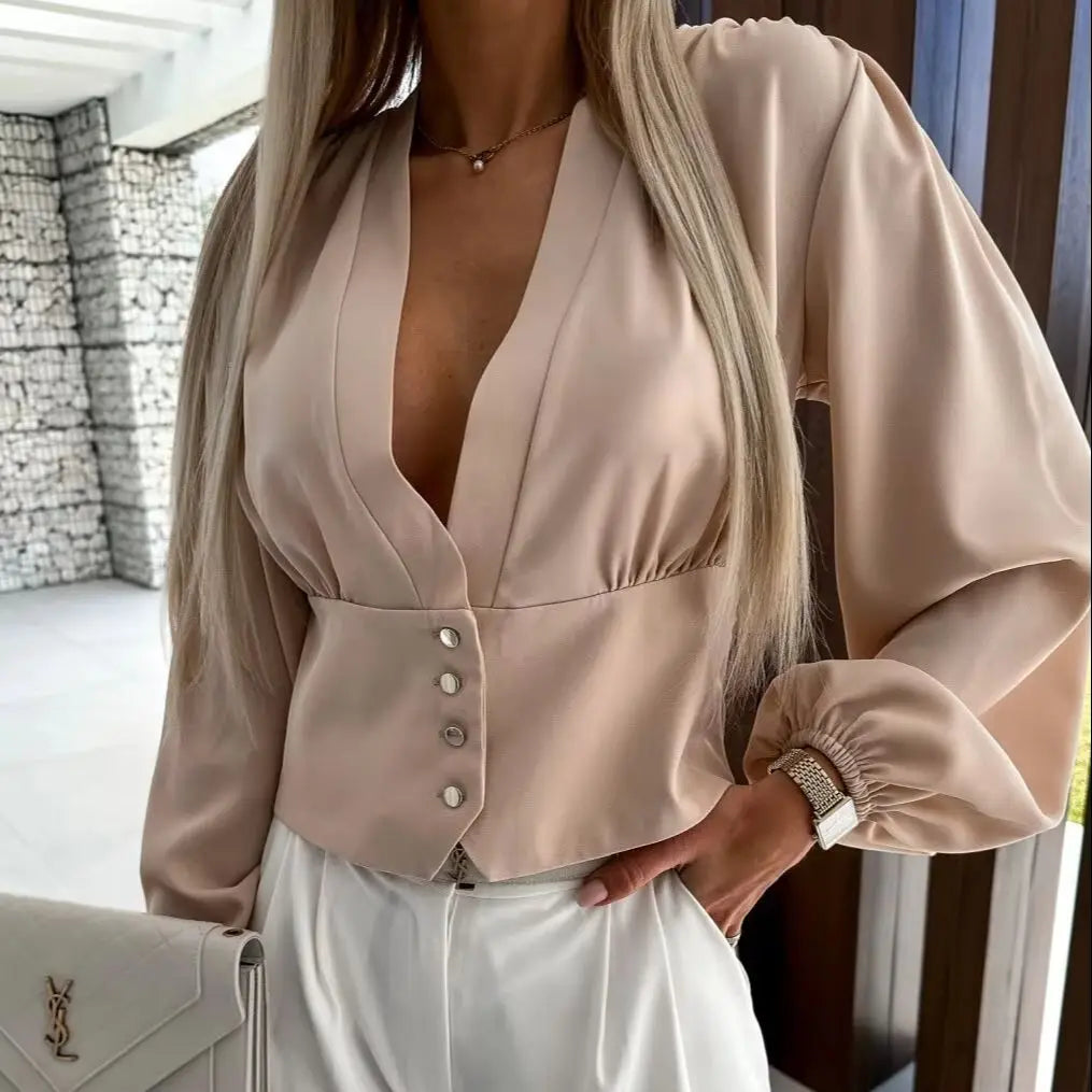 Women V Neck Puff Long Sleeve Blouse Cinched Waist Button Down Cropped Top