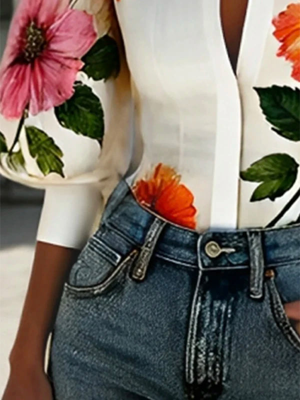 Women's Elegant Blouses 2025 Spring Autumn New Chic Puff Sleeves Asymmetric Floral Printed Lapel V-neck Shirts Tops for Woman