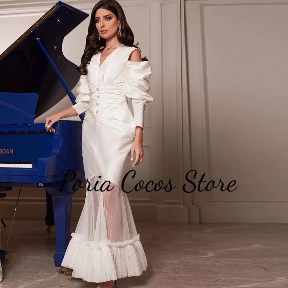 Customized Temperament Prom Gown for Women V-Neck Long Sleeves High Quality Occasion Solid Color Evening Party Dresses for Women