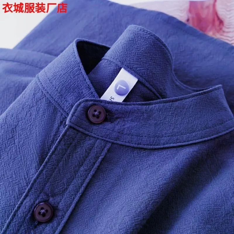 2026 Japanese Stand-up Collar Short-sleeved Shirt Men's Henry Collar Cotton Linen Round Neck Five-point Sleeve T-shirt