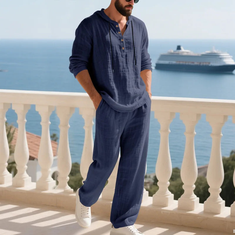 Men's Linen Hooded Sets 2 Piece Outfit Summer Casual Long Sleeve Hoodie and Wide Leg Pants Set for Men