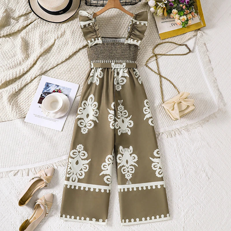 Girls 8-12 Casual Jumpsuit, Brown Floral Print Ruffle Strap Smocked Bodice Jumpsuit with Belt, Boho for Daily Summer Wear