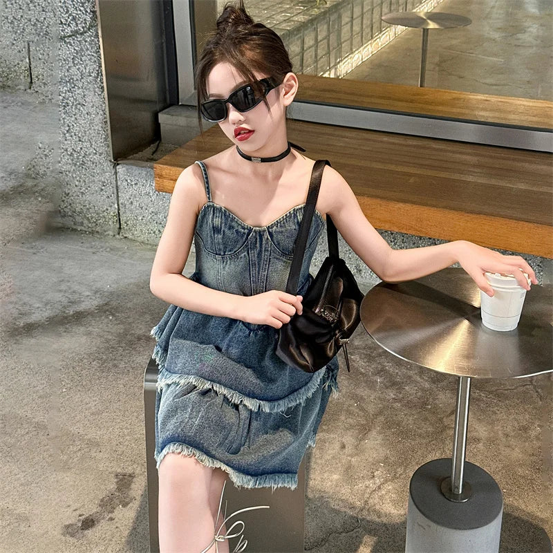 Teen Girls Denim Dresses Summer Sleeveless One-Piece Clothes Kids Jumpsuit Overalls Solid Color Dress Fashion Children's Costume