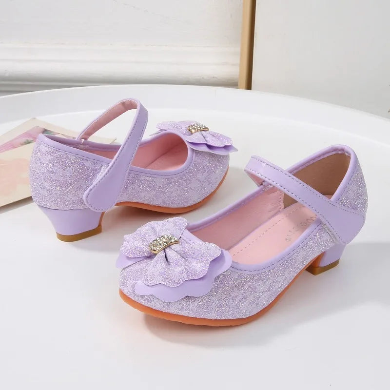Elegant Girl High Heel Shoes for Princess 2026 New Children's Baby Fashion Party Shoes Sweet Bowknot Kids Sequins Leather Shoes