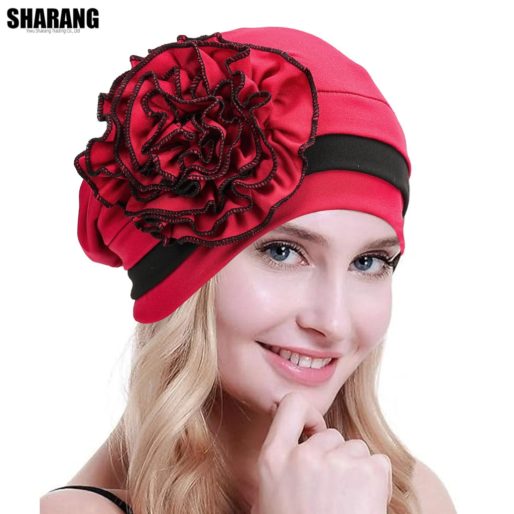 Africa Nigeria Women Wear Directly Hijabs Turban Beanie Hat Wth Flower Chemo Headwear Elastic Head Wrap Cap