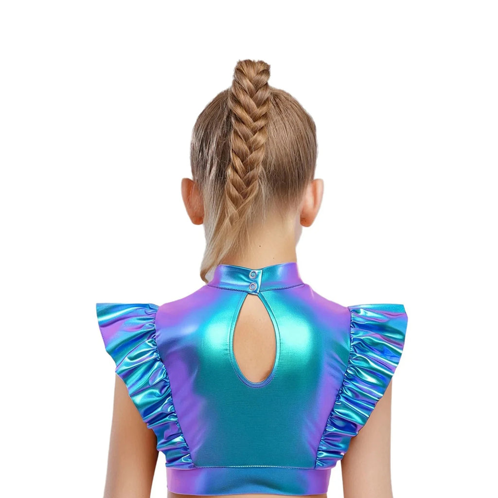Kids Girls Metallic Shirts Party Disco Jazz Dance Tops Mock Neck Mesh Splice Shiny Rhinestone Sleeveless Ruffle Tank Crop Tops