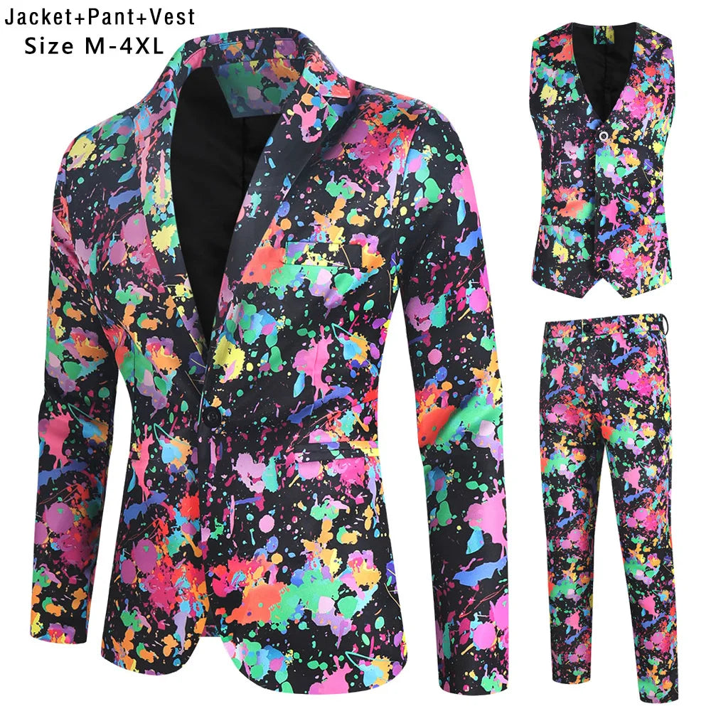 New Men's 3 Piece Christmas Sets Blazers+Vest+Pants 2026 Xmas Printed Men Suit Set Party Stage Dress Up Style Costume Streetwear