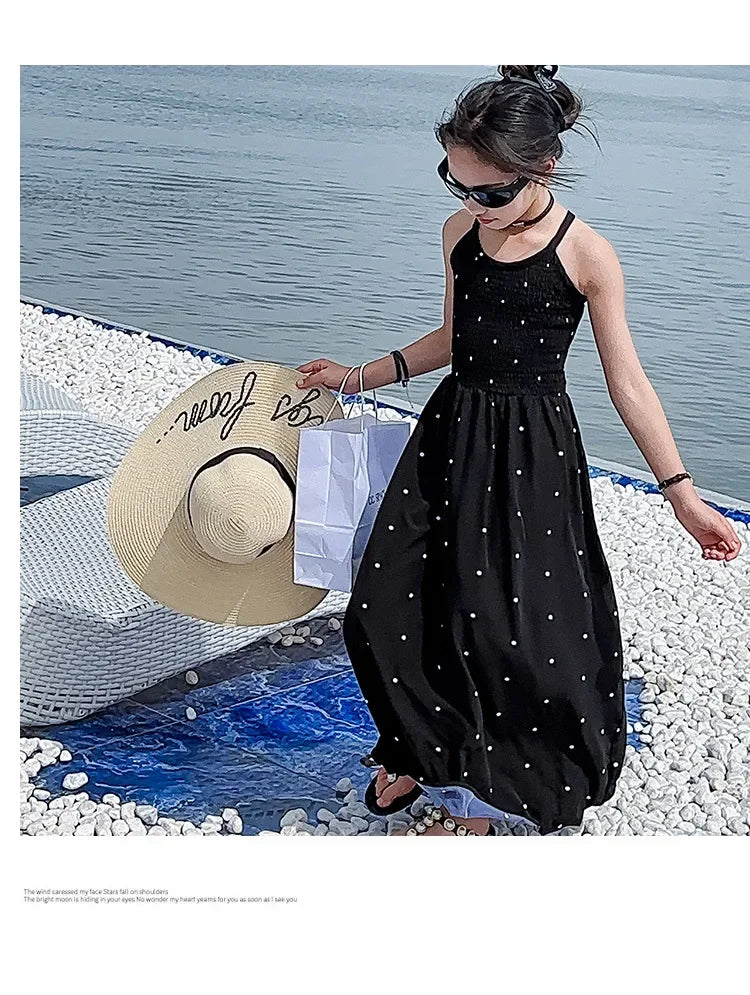 teenage girls dress design sense cross tie polka dot camisole princess dresses summer junior backless long skirt prom dresses 12