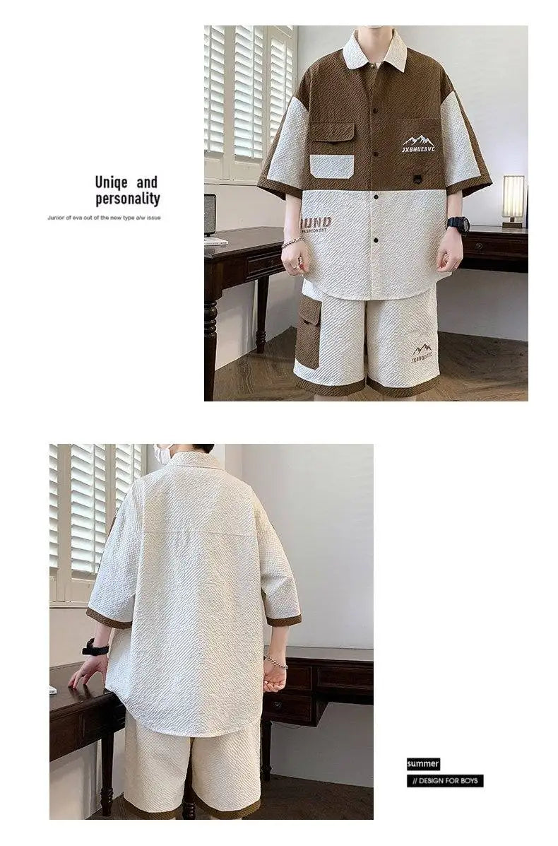 Men's 2 Piece Matching Set Short Sleeve Button Down Shirt + Cargo Shorts Textured Color Block Outfit Loose Fit Summer Lounge Set
