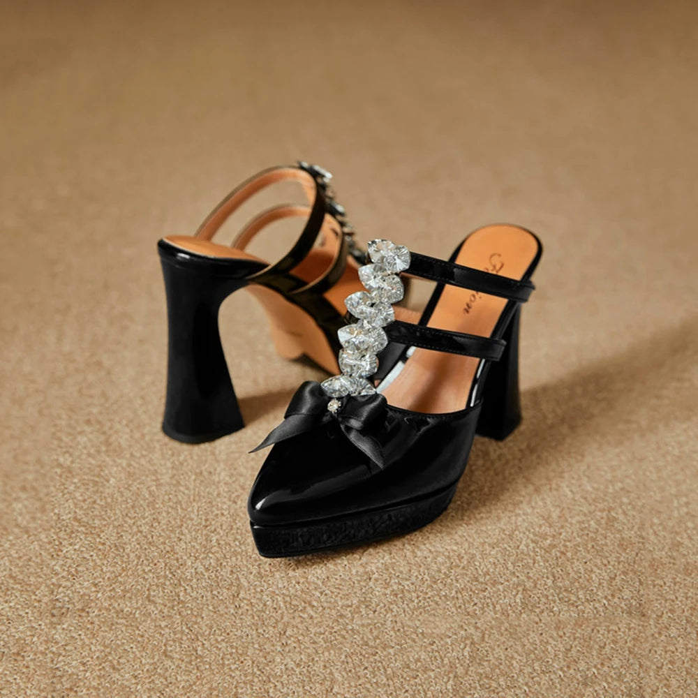 Thick High Heels Sandals Women Genuine Leather Fashion Rhinestone Bow Pointed Dress Wedding Party Dress Pumps Shoes 898-222