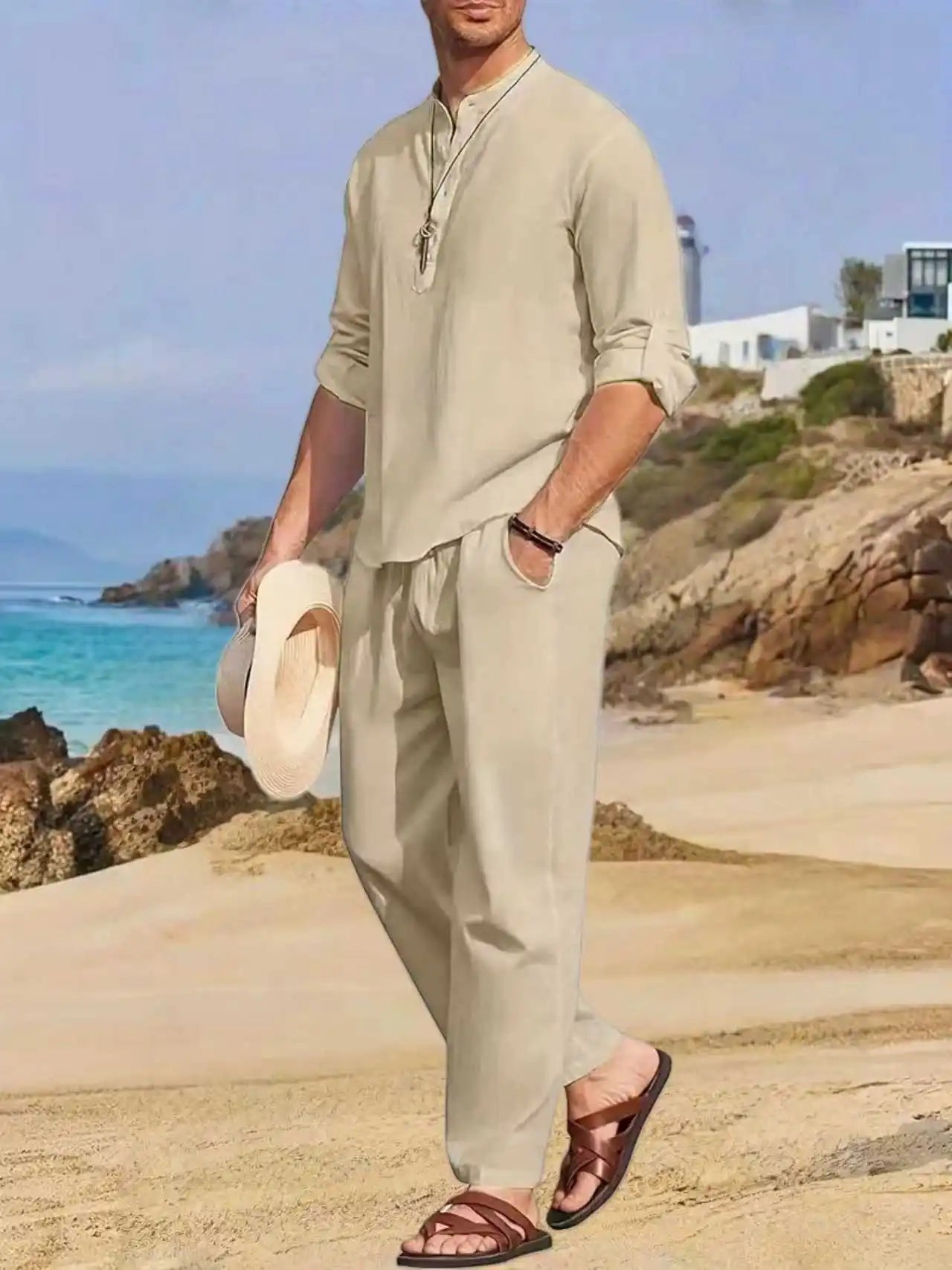 Men's White Linen Suit Set Long Sleeve Henley Shirt and Elastic Waist Pants Two Piece Outfit Summer Casual Comfortable
