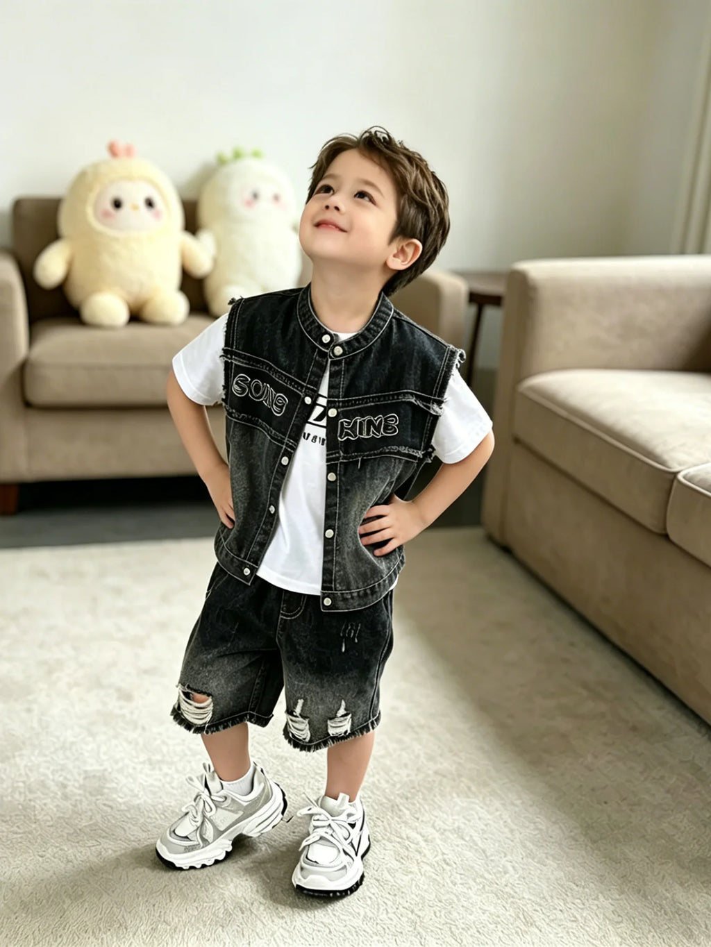 Kids Boys Streetwear Denim Vest & Shorts Set, 2026 New Fashion Black Washed 2PCS Outfit, Casual Loose Fit Summer Suit For Daily