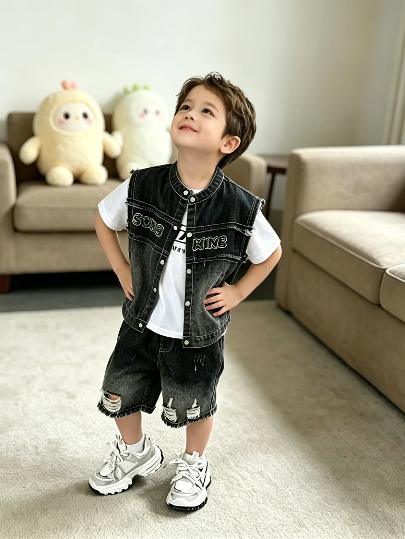 Kids Boys Streetwear Denim Vest & Shorts Set, 2026 New Fashion Black Washed 2PCS Outfit, Casual Loose Fit Summer Suit For Daily