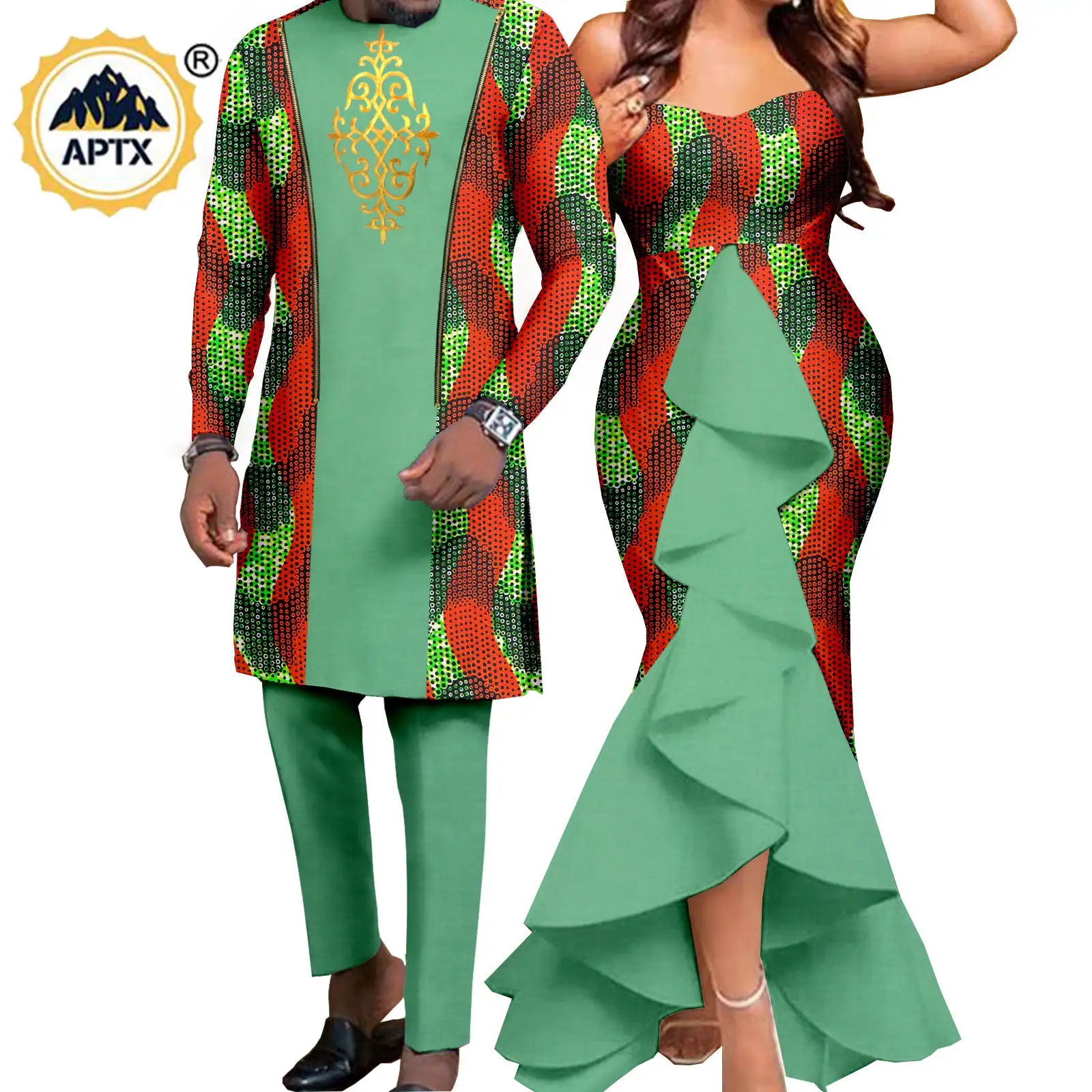 Dashiki African Women Mermaid Dresses Matching Men Outfits Pant Sets Bazin Riche African Couple Clothes for Wedding Y22C080