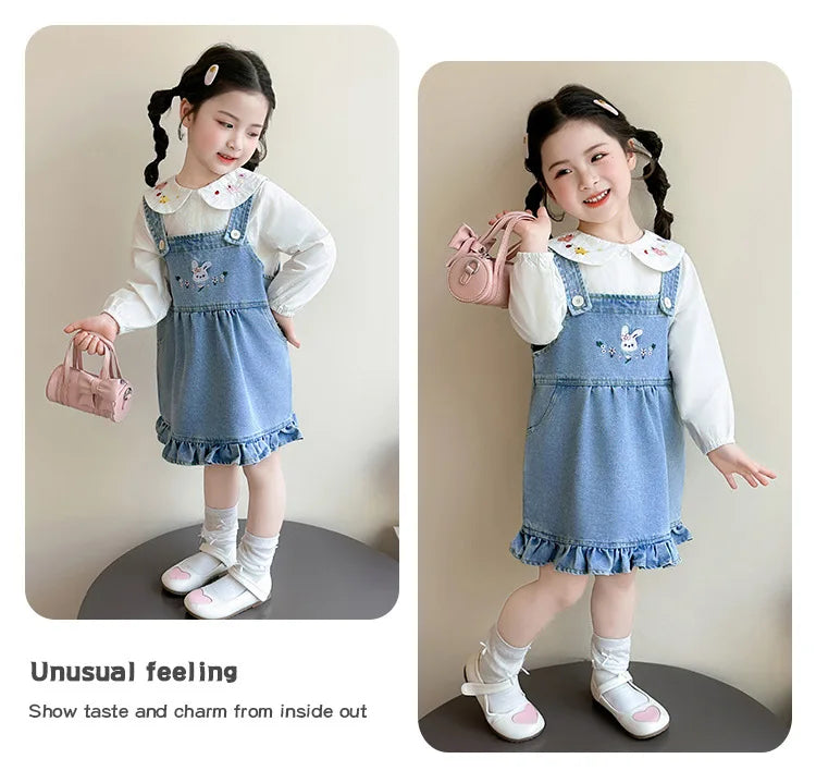 Girls Shirt Set Spring 2026 New Foreign Style Two-piece Set Baby Denim Strap Skirt