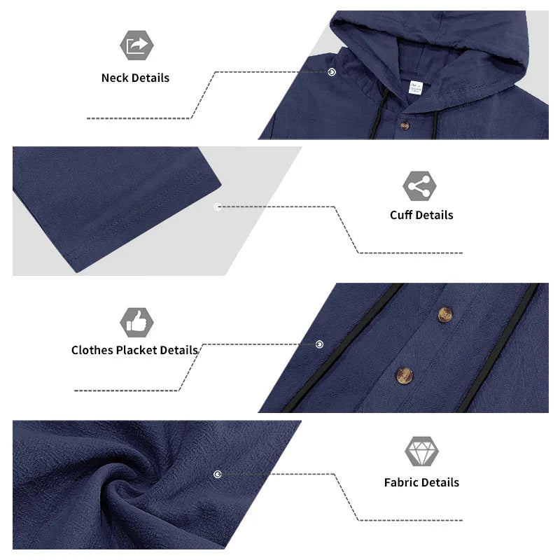 Men's Linen Hooded Sets 2 Piece Outfit Summer Casual Long Sleeve Hoodie and Wide Leg Pants Set for Men