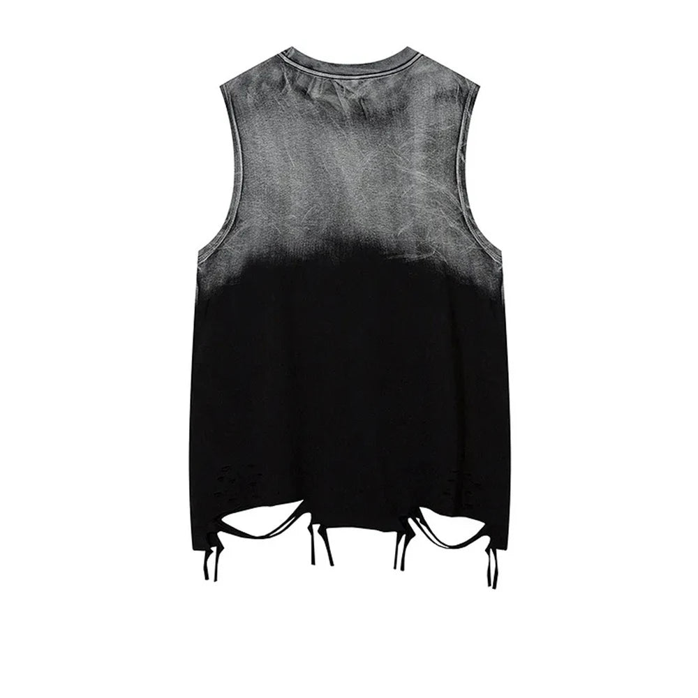 Summer New Men's Color Matching Raw Edge Sleeveless Vest American Retro Fashion Trend Street Loose Breathable Niche Men's Tops