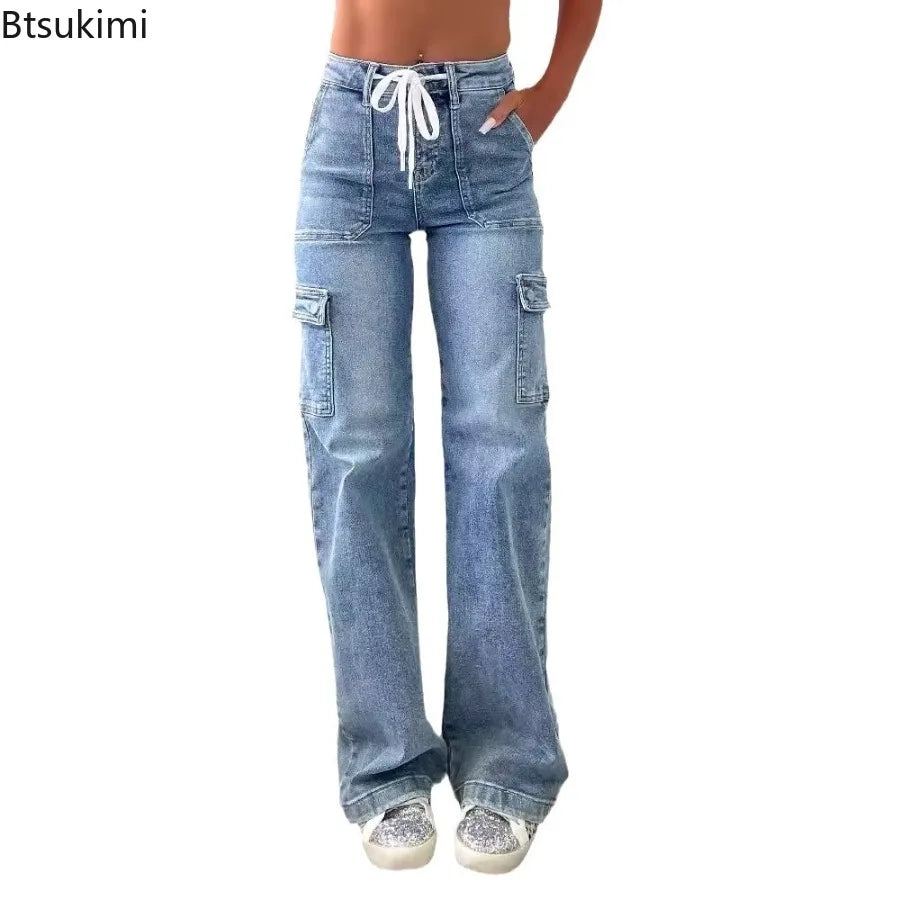 2026 Women's Casual Straight Leg Jeans Pants Fashion Style Belt and Multiple Pockets Functional Work Pants Female Cargo Trousers