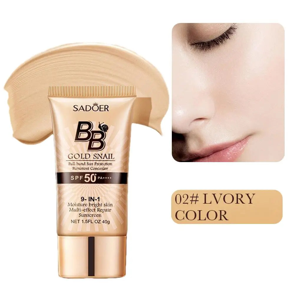 SPF50+ Gold Snail Sunscreen BB Cream Whitening Foundation Concealer Moisturizing Long Lasting Even Skin Tone Makeup Base Primer