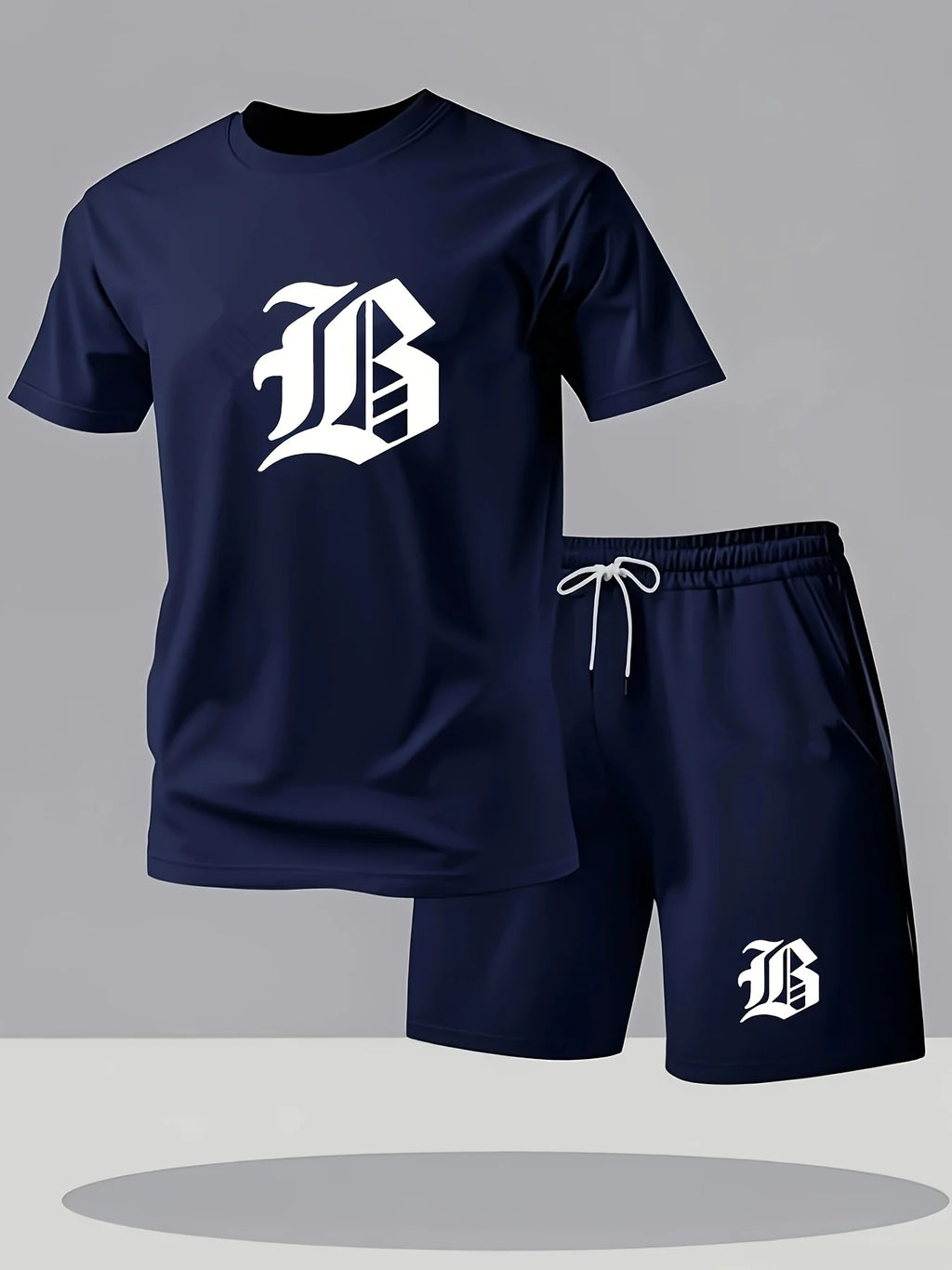 Men'S Casual Black T T-Shirt And Shorts Set，With A Bold“B”Printing - Machine Washable，Summer Streetwear