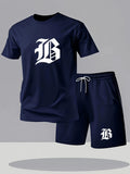 Men'S Casual Black T T-Shirt And Shorts Set，With A Bold“B”Printing - Machine Washable，Summer Streetwear