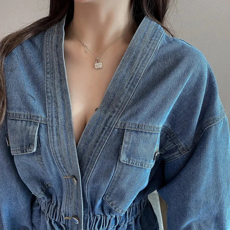 Jean Jacket V-neck Pleated Waist Slim Coat Women's Autumn Korean Fashion Personalized Irregular Shirt Loose Casual Denim Tops