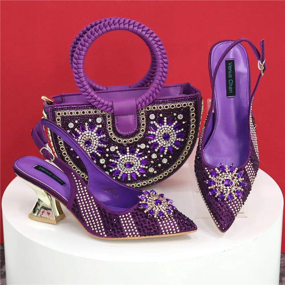 Nigeria Fashion Rhinestone-encrusted Ladies Party Shoes And Special bags High Heels And Dual Purpose Bag Women's Shoes