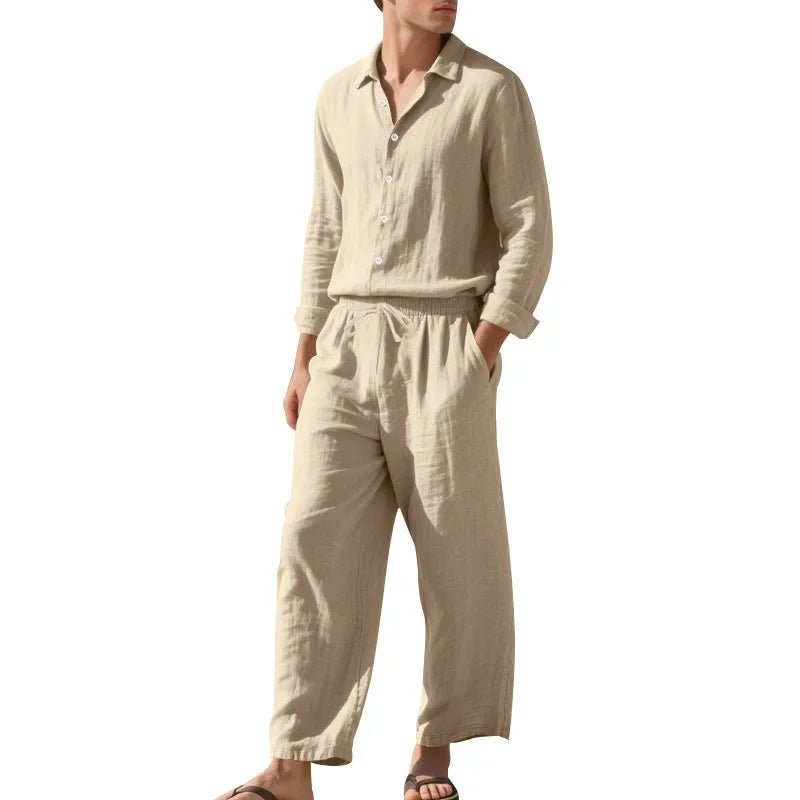 KIDWHXR Man 2-piece Outfit Spring Single-breasted Long Sleeve Shirts Male Drawstring Trousers Men Thin Cotton Linen Casual Set