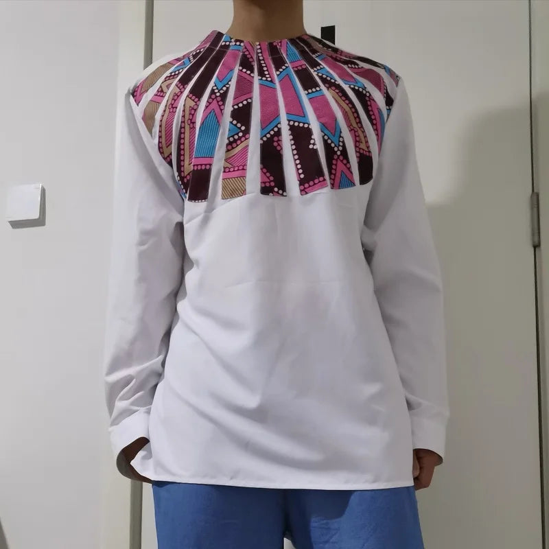 Nigerian Fashion White Men's Shirts O-Neck Modern Design Sector Patchwork Tops Customized African Wedding Party Wear