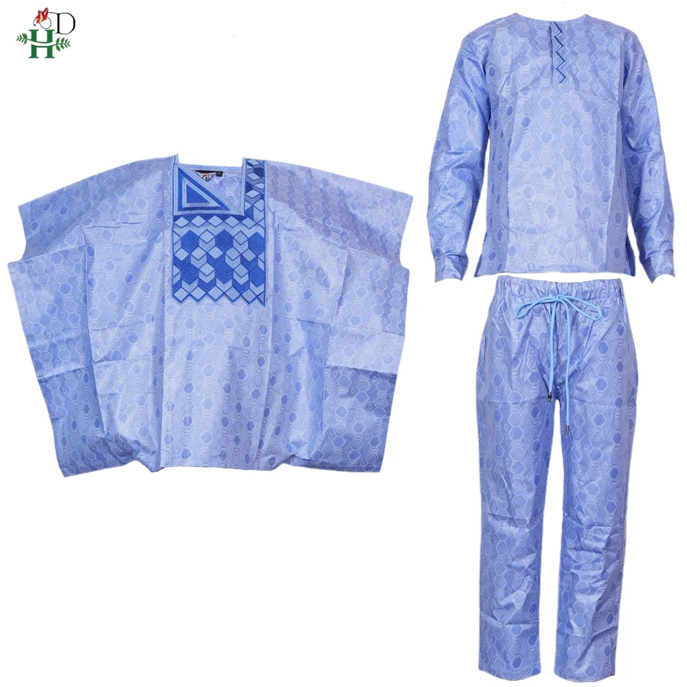 2025 New African Traditional Clothes For Kids Boy White Blue 3 PCS Set Long Sleeve Tops Embroidery Dashiki Robe Shirt Pant Child