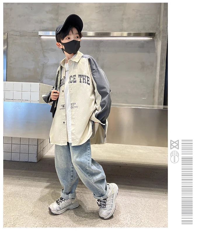 Korean Children Loose Style Long Sleeve Shirt for Teenage Boy Casual Spring Autumn Clothing School Kids Blouses Age 5 To 14 Y