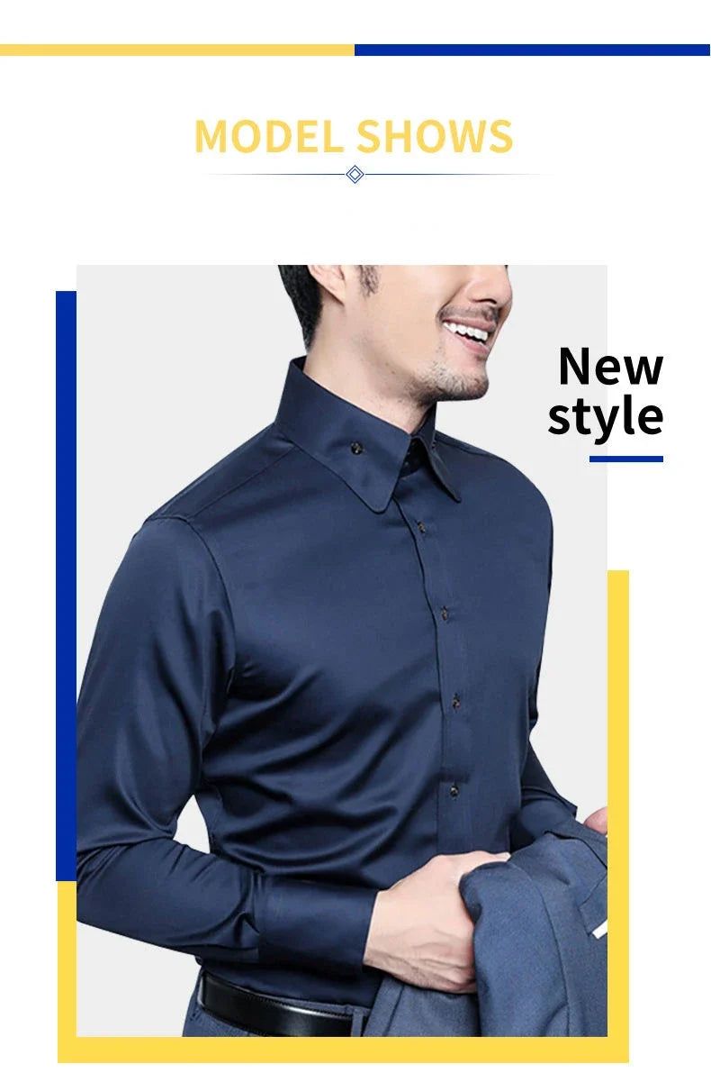 Men's Dress Shirts Non-ironing Formal Collar Shirt Fashion Korean Slim Solid Color Business Casual Shirt White Spring Autumn