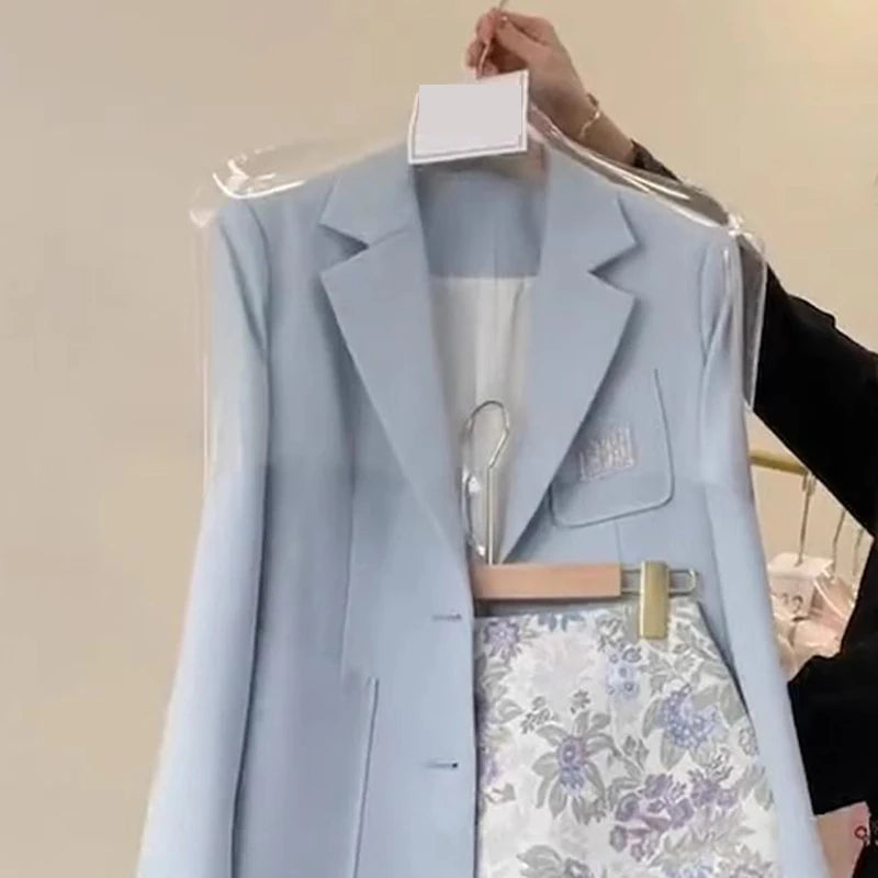 skirt sets Suit vest skirt spring new beautiful Korean blue coat printed skirt suit female sfashion sense blue suit floral skirt