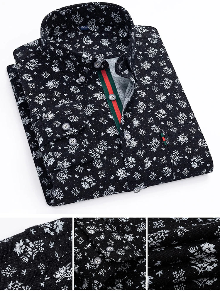 Men's Stylish Floral Print Button-Up Collar Dress Shirt with Stripe Placket, Holiday Style 100% Cotton Long Sleeve Oxford Shirts