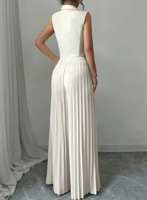 Elegant Formal Women Vest Trousers 2 Pieces Spring New Fashion Retro Wide-leg Pleated Pants Slimming Sleeveless Vest Female Set