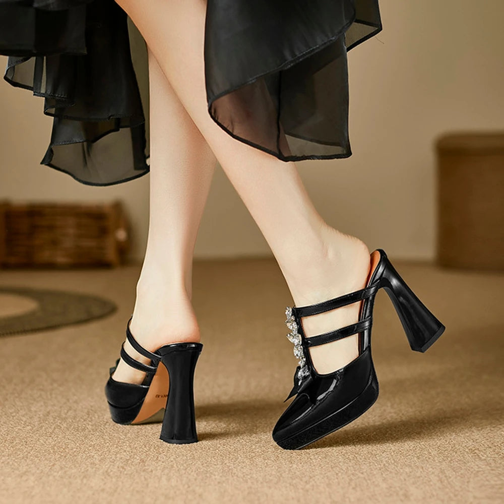 Thick High Heels Sandals Women Genuine Leather Fashion Rhinestone Bow Pointed Dress Wedding Party Dress Pumps Shoes 898-222