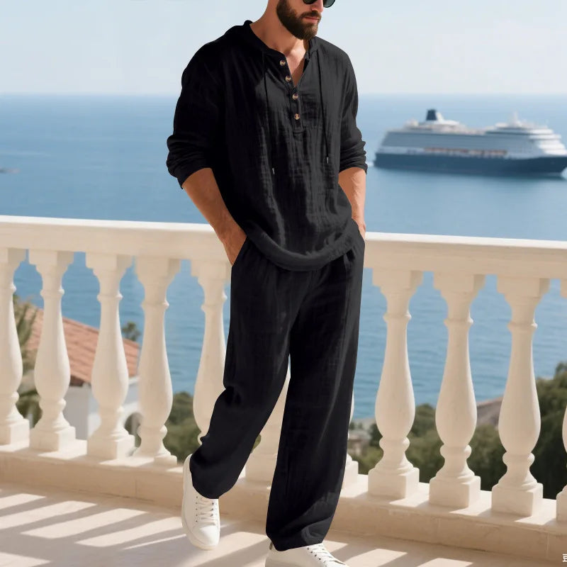 Men's Linen Hooded Sets 2 Piece Outfit Summer Casual Long Sleeve Hoodie and Wide Leg Pants Set for Men