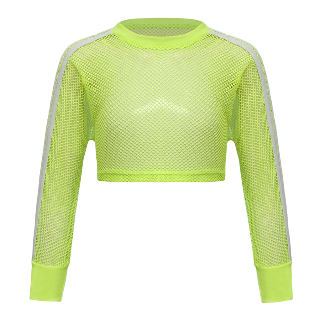 Kids Girls Fishnet T-shirt Hip Hop Street Dance Tops Long Sleeve Round Neck Hollow Out Mesh Crop Top for Workout Gym Sportswear