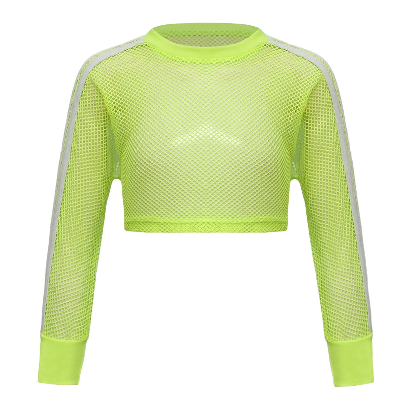 Kids Girls Fishnet T-shirt Hip Hop Street Dance Tops Long Sleeve Round Neck Hollow Out Mesh Crop Top for Workout Gym Sportswear