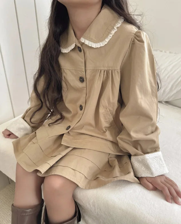 2025 Japanese Girls' Spring and Autumn Cotton Casual Ruffle Collar Jacket, Half Skirt, Children's Forest Two-piece Set